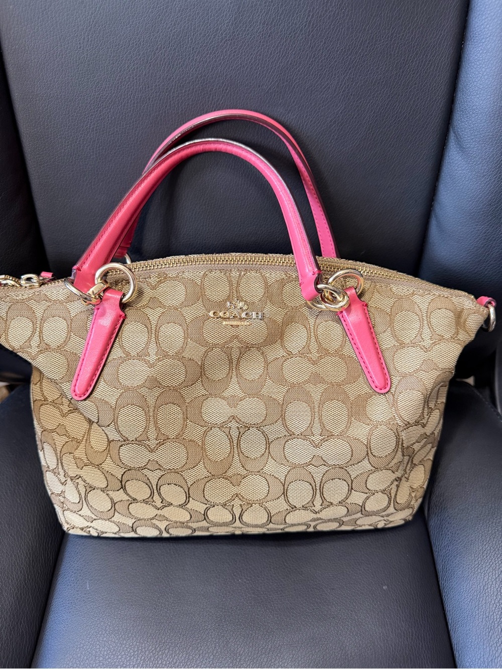 Coach Tan Signature Satchel with Pink Leather Handles and Crossbody strap
